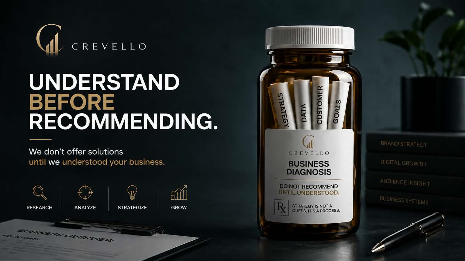 Crevello Business Diagnosis prescription bottle beside the words Understand before recommending